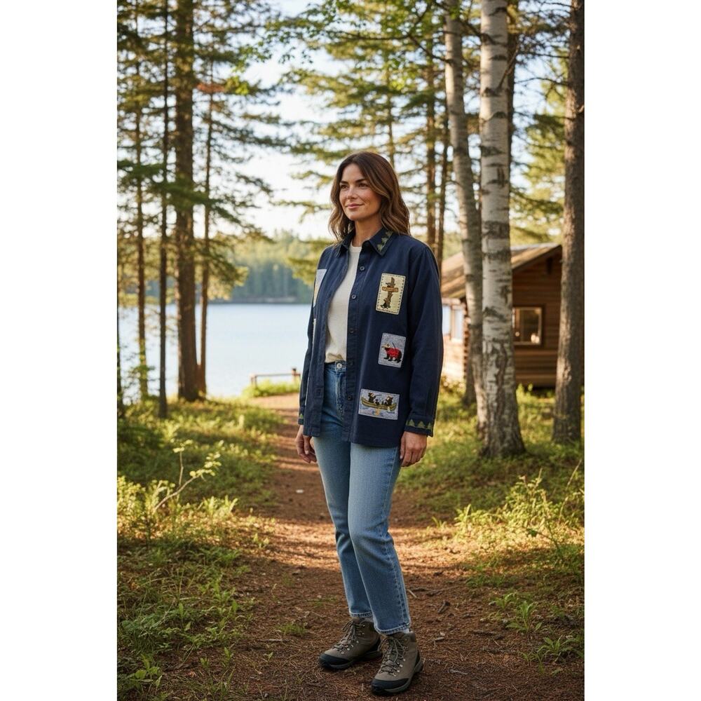 Vintage Breckenridge L Blue Embroidered North Woods Motifs LS Shirt Outdoor